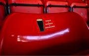 10 May 2024; A sticker on a seat before the SSE Airtricity Men's Premier Division match between Shelbourne and Drogheda United at Tolka Park in Dublin. Photo by Piaras Ó Mídheach/Sportsfile