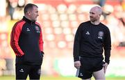 10 May 2024; Bohemians manager Alan Reynolds, left, and Bohemians assistant manager Stephen O'Donnell before the SSE Airtricity Men's Premier Division match between Derry City and Bohemians at The Ryan McBride Brandywell Stadium in Derry. Photo by Ramsey Cardy/Sportsfile