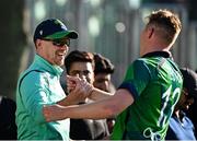 10 May 2024; Craig Young, left, and Harry Tector of Ireland celebrate after match one of the Floki Men's T20 International Series between Ireland and Pakistan at Castle Avenue Cricket Ground in Dublin. Photo by Seb Daly/Sportsfile