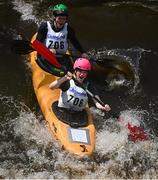 11 May 2024; Tom Fitzgerald and Elliott Whiteman competing in the K2 Adult and Junior class during The 63rd International Liffey Descent at The K Club in Straffan, Kildare. Photo by Seb Daly/Sportsfile