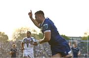 11 May 2024; Jordan Larmour of Leinster celebrates after scoring his side's third try during the United Rugby Championship match between Leinster and Ospreys at the RDS Arena in Dublin. Photo by Harry Murphy/Sportsfile