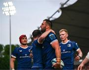 11 May 2024; Jason Jenkins of Leinster celebrates with teammate Luke McGrath after scoring his side's fourth try during the United Rugby Championship match between Leinster and Ospreys at the RDS Arena in Dublin. Photo by Harry Murphy/Sportsfile