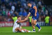11 May 2024; Gareth Thomas of Ospreys, left, and Michael Milne of Leinster after the United Rugby Championship match between Leinster and Ospreys at the RDS Arena in Dublin. Photo by Ben McShane/Sportsfile