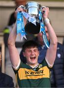 13 May 2024; Kerry captain Ben Murphy lifts the cup after the Electric Ireland Munster GAA Football Minor Championship Final match between Cork and Kerry at Páirc Ui Rinn in Cork. Photo by Brendan Moran/Sportsfile