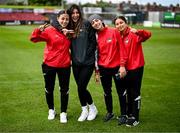 14 May 2024; Palestine players, from left, Nadine Mohammad, Pia Kassis, Sara Kord and Nour Youssef during a photocall ahead of the International Solidarity Match between Bohemians women's team and Palestine women's team to be played on Wednesday, May 15, at Dalymount Park in Dublin. Photo by Stephen McCarthy/Sportsfile