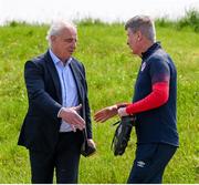 16 May 2024; Newly appointed manager Stephen Kenny is greeted by St Patrick's Athletic chairman Garrett Kelleher on arrival for a St Patrick's Athletic training session at Sport Ireland Campus in Abbotstown, Dublin. Photo by Stephen McCarthy/Sportsfile
