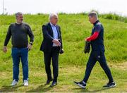 16 May 2024; Newly appointed manager Stephen Kenny is greeted by St Patrick's Athletic chairman Garrett Kelleher and general manager Anthony Delaney, left, on arrival for a St Patrick's Athletic training session at Sport Ireland Campus in Abbotstown, Dublin. Photo by Stephen McCarthy/Sportsfile