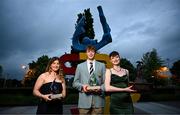 16 May 2024; Sarah Daly UCD Ladies Boat with the Elite Club of the Year award, Paul Flood of UCD Men's Boat with the Elite Team of the Year award and Ciara Douglas of UCD Archery with the Gerry Horkan Club Administrator of the Year award during the UCD Athletic Union Council Sports Awards 2024 at Astra Hall in UCD, Dublin. Photo by Harry Murphy/Sportsfile