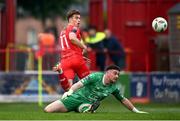 17 May 2024; Matty Smith of Shelbourne has an attempt saved by Waterford goalkeeper Sam Sargeant during the SSE Airtricity Men's Premier Division match between Shelbourne and Waterford at Tolka Park in Dublin. Photo by David Fitzgerald/Sportsfile