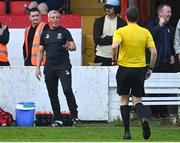 17 May 2024; Waterford manager Keith Long remonstrates with referee Robert Harvey during the SSE Airtricity Men's Premier Division match between Shelbourne and Waterford at Tolka Park in Dublin. Photo by David Fitzgerald/Sportsfile