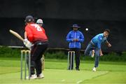 18 May 2024; Anees Ahmad of North Kildare bowls to Sam O'Mahony of Templepatrick during the Cricket Ireland National Cup Round One match between North Kildare and Templepatrick at North Kildare Cricket Club in Kildare. Photo by Matt Browne/Sportsfile