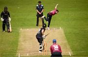 18 May 2024; Mark Averill of Eglinton bowls to Robert McKinley of Instonians during the Cricket Ireland Irish Senior Cup Round One match between Instonians and Eglinton at Shaw’s Bridge in Belfast. Photo by Ramsey Cardy/Sportsfile