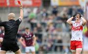 18 May 2024; Gareth McKinless of Derry is shown a red card by referee Brendan Cawley during the GAA Football All-Ireland Senior Championship Round 1 match between Galway and Derry at Pearse Stadium in Galway. Photo by Stephen McCarthy/Sportsfile