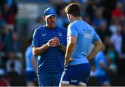 18 May 2024; Leinster senior coach Jacques Nienaber speaks to Ben Brownlee of Leinster before the United Rugby Championship match between Ulster and Leinster at Kingspan Stadium in Belfast. Photo by Harry Murphy/Sportsfile