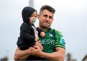 18 May 2024; Tiernan O’Halloran of Connacht with his 16 month old son Rían after the United Rugby Championship match between Connacht and DHL Stormers at The Sportsground in Galway. Photo by Michael P Ryan/Sportsfile