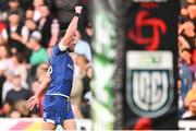 18 May 2024; Hugo Keenan of Leinster celebrates his side's third try, scored by Michael Ala'alatoa, during the United Rugby Championship match between Ulster and Leinster at Kingspan Stadium in Belfast. Photo by Ramsey Cardy/Sportsfile