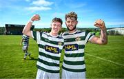 19 May 2024; Cockhill Celtic goalscorers Jay Bradley, left, and Lee McColgan after the Sports Direct Men’s FAI Cup First Round match between Cockhill Celtic and Ayrfield United at Charlie O'Donnell Sports Grounds in Buncrana, Donegal. Photo by Ramsey Cardy/Sportsfile