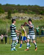 19 May 2024; Jack Mullan of Cockhill Celtic celebrates with Corey McBride, left, after scoring their side's third goal during the Sports Direct Men’s FAI Cup First Round match between Cockhill Celtic and Ayrfield United at Charlie O'Donnell Sports Grounds in Buncrana, Donegal. Photo by Ramsey Cardy/Sportsfile