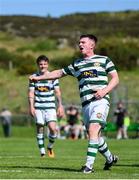 19 May 2024; Luke Rudden of Cockhill Celtic celebrates after scoring his side's fourth goal during the Sports Direct Men’s FAI Cup First Round match between Cockhill Celtic and Ayrfield United at Charlie O'Donnell Sports Grounds in Buncrana, Donegal. Photo by Ramsey Cardy/Sportsfile