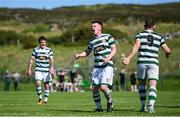 19 May 2024; Luke Rudden of Cockhill Celtic, centre, celebrates after scoring his side's fourth goal during the Sports Direct Men’s FAI Cup First Round match between Cockhill Celtic and Ayrfield United at Charlie O'Donnell Sports Grounds in Buncrana, Donegal. Photo by Ramsey Cardy/Sportsfile
