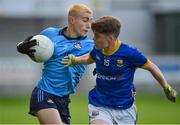 20 May 2024; Eoghan O'Donovan of Dublin in action against James Hagan of Longford during the Electric Ireland Leinster GAA Football Minor Championship Final match between Longford and Dublin at Glenisk O'Connor Park in Tullamore, Offaly. Photo by David Fitzgerald/Sportsfile