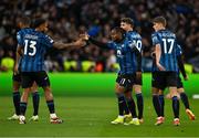 22 May 2024; Ademola Lookman of Atalanta BC, 11, celebrates with teammate Éderson after scoring their side's first goal during the 2023/24 UEFA Europa League final between Atalanta BC and Bayer 04 Leverkusen at the Dublin Arena in Dublin, Ireland. Photo by Brendan Moran/Sportsfile