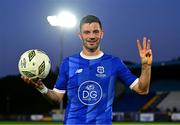 23 May 2024; Pádraig Amond of Waterford celebrates with the matchball after scoring a hat-trick after the SSE Airtricity Men's Premier Division match between Waterford and Drogheda United at the Regional Sports Centre in Waterford. Photo by Tyler Miller/Sportsfile