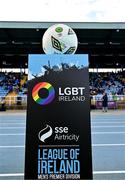 23 May 2024; A general view of the matchball during the SSE Airtricity LGBT Ireland Football Takeover at the Regional Sports Centre in Waterford before the SSE Airtricity Men's Premier Division match between Waterford and Drogheda United. Photo by Tyler Miller/Sportsfile