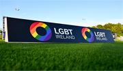 23 May 2024; LGBT Ireland signage during the SSE Airtricity LGBT Ireland Football Takeover at the Regional Sports Centre in Waterford before the SSE Airtricity Men's Premier Division match between Waterford and Drogheda United. Photo by Tyler Miller/Sportsfile