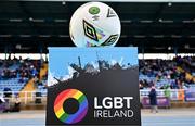 23 May 2024; A general view of the matchball during the SSE Airtricity LGBT Ireland Football Takeover at the Regional Sports Centre in Waterford before the SSE Airtricity Men's Premier Division match between Waterford and Drogheda United. Photo by Tyler Miller/Sportsfile