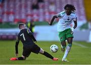 24 May 2024; Jaden Umeh of Cork City evades the tackle of William Armshaw of Treaty United during the SSE Airtricity Men's First Division match between Cork City and Treaty United at Turner's Cross in Cork. Photo by Tyler Miller/Sportsfile