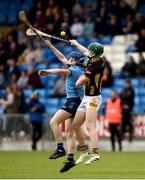 25 May 2024; Rory Flannery of Dublin in action against Larry Phelan of Kilkenny during the Leinster GAA Hurling Minor Championship final match between Dublin and Kilkenny at Laois Hire O'Moore Park in Portlaoise, Laois. Photo by Tom Beary/Sportsfile