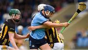 25 May 2024; Rory Flannery of Dublin is fouled by Bobby Brennan of Kilkenny during the Leinster GAA Hurling Minor Championship final match between Dublin and Kilkenny at Laois Hire O'Moore Park in Portlaoise, Laois. Photo by Tom Beary/Sportsfile
