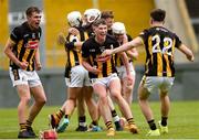 25 May 2024; Kilkenny players, from left, Eoin Brennan, Jake Mullen and Conor McEvoy of Kilkenny celebrate at the final whistle of the Leinster GAA Hurling Minor Championship final match between Dublin and Kilkenny at Laois Hire O'Moore Park in Portlaoise, Laois. Photo by Tom Beary/Sportsfile