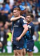 25 May 2024; Leinster's Ciarán Frawley and Luke McGrath, right, with head coach Leo Cullen after the Investec Champions Cup final between Leinster and Toulouse at the Tottenham Hotspur Stadium in London, England. Photo by Harry Murphy/Sportsfile