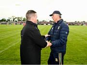 25 May 2024; Louth manager Ger Brennan shakes hands with Meath manager Colm O’Rourke after the GAA Football All-Ireland Senior Championship Round 1 match between Louth and Meath at Grattan Park in Inniskeen, Monaghan. Photo by Daire Brennan/Sportsfile