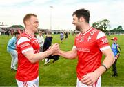 25 May 2024; Louth players Donal McKenny, left, and Dermot Campbell celebrate after the GAA Football All-Ireland Senior Championship Round 1 match between Louth and Meath at Grattan Park in Inniskeen, Monaghan. Photo by Daire Brennan/Sportsfile