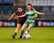 25 May 2024; Katie O'Reilly of Shamrock Rovers in action against Aoibheann Costello of Galway United during the SSE Airtricity Women's Premier Division match between Shamrock Rovers and Galway United at Tallaght Stadium in Dublin. Photo by Tyler Miller/Sportsfile