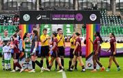 25 May 2024; Players from both sides shake hands during the SSE Airtricity LGBT Ireland Football Takeover event at Tallaght Stadium in Dublin before the SSE Airtricity Women's Premier Division match between Shamrock Rovers FC and Galway United FC. Photo by Tyler Miller/Sportsfile