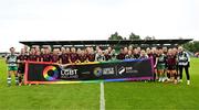 25 May 2024; Players from both sides pose for a photograph with an LGBT Ireland banner during the SSE Airtricity LGBT Ireland Football Takeover event at Tallaght Stadium in Dublin before the SSE Airtricity Women's Premier Division match between Shamrock Rovers FC and Galway United FC. Photo by Tyler Miller/Sportsfile