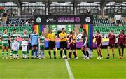 25 May 2024; Players from both sides shake hands during the SSE Airtricity LGBT Ireland Football Takeover event at Tallaght Stadium in Dublin before the SSE Airtricity Women's Premier Division match between Shamrock Rovers FC and Galway United FC. Photo by Tyler Miller/Sportsfile