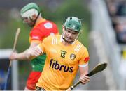26 May 2024; Conal Cunning of Antrim celebrates after scoring a point during the Leinster GAA Hurling Senior Championship Round 5 match between Antrim and Carlow at Corrigan Park in Belfast. Photo by Shauna Clinton/Sportsfile
