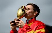 26 May 2024; Jockey Colin Keane celebrates after winning the Tattersalls Gold Cup adoard White Birch during the Tattersalls Irish Guineas Festival at The Curragh Racecourse in Kildare. Photo by Brendan Moran/Sportsfile