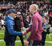 26 May 2024; Dublin manager Micheál Donoghue shakes hands with Galway manager Henry Shefflin after the Leinster GAA Hurling Senior Championship Round 5 match between Galway and Dublin at Pearse Stadium in Galway. Photo by Daire Brennan/Sportsfile