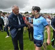 26 May 2024; Danny Sutcliffe of Dublin celebrates with former Dublin GAA chief executive John Costello after the Leinster GAA Hurling Senior Championship Round 5 match between Galway and Dublin at Pearse Stadium in Galway. Photo by Daire Brennan/Sportsfile