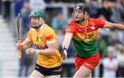 26 May 2024; Conal Cunning of Antrim in action against Tony Lawlor of Carlow during the Leinster GAA Hurling Senior Championship Round 5 match between Antrim and Carlow at Corrigan Park in Belfast. Photo by Shauna Clinton/Sportsfile