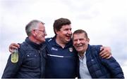 26 May 2024; Antrim manager Darren Gleeson, centre, celebrates with supporters Martin Doherty, left, and Tony Shivers after his side's victory in the Leinster GAA Hurling Senior Championship Round 5 match between Antrim and Carlow at Corrigan Park in Belfast. Photo by Shauna Clinton/Sportsfile