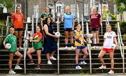 28 May 2024; Pictured at the launch of the 2024 TG4 All-Ireland Ladies Football Championships in Dublin, is Presenter Máire Ní Bhraonáin, with players, front row, from left, Róisín Ambrose of Limerick, Ruth Bermingham of Carlow, Niamh Feeney of Roscommon and Aoibhinn McHugh of Tyrone; back row, from left, Clodagh McCambridge of Armagh, Aishling O'Connell of Kerry, Carla Rowe of Dublin and Ailbhe Davoren of Galway. All roads lead to Croke Park for the 2024 TG4 All-Ireland Junior, Intermediate and Senior Finals on Sunday August 4, as the Ladies Gaelic Football Association also gets set to celebrate its 50th anniversary on July 18, 2024. #ProperFan. Photo by Ramsey Cardy/Sportsfile