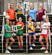 28 May 2024; Pictured at the launch of the 2024 TG4 All-Ireland Ladies Football Championships in Dublin, are players, front row, from left, Róisín Ambrose of Limerick, Ruth Bermingham of Carlow, Niamh Feeney of Roscommon and Aoibhinn McHugh of Tyrone; back row, from left, Clodagh McCambridge of Armagh, Aishling O'Connell of Kerry, Carla Rowe of Dublin and Ailbhe Davoren of Galway. All roads lead to Croke Park for the 2024 TG4 All-Ireland Junior, Intermediate and Senior Finals on Sunday August 4, as the Ladies Gaelic Football Association also gets set to celebrate its 50th anniversary on July 18, 2024. #ProperFan. Photo by Ramsey Cardy/Sportsfile