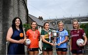 28 May 2024; Pictured at the launch of the 2024 TG4 All-Ireland Ladies Football Championships in Dublin, is Presenter Máire Ní Bhraonáin, with senior players, from left, Clodagh McCambridge of Armagh, Aishling O'Connell of Kerry, Carla Rowe of Dublin and Ailbhe Davoren of Galway. All roads lead to Croke Park for the 2024 TG4 All-Ireland Junior, Intermediate and Senior Finals on Sunday August 4, as the Ladies Gaelic Football Association also gets set to celebrate its 50th anniversary on July 18, 2024. #ProperFan. Photo by Ramsey Cardy/Sportsfile